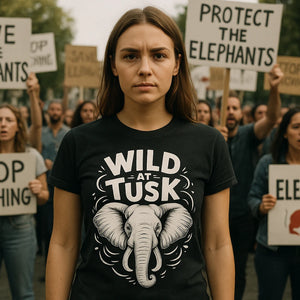 Lifestyle shot of the "Wild At Tusk" black elephant t shirt in a real-world setting