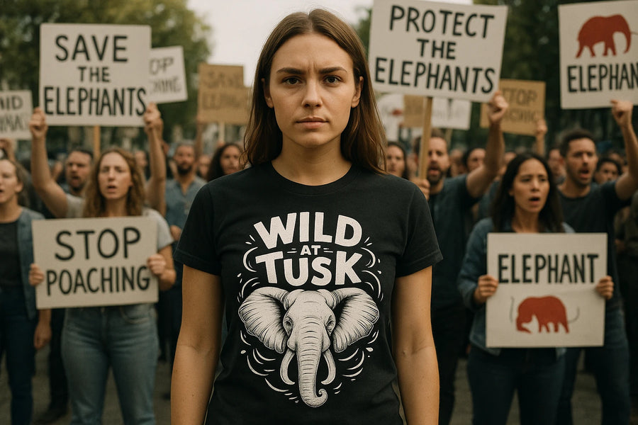 A person with long brown hair is standing in the foreground, wearing a black t-shirt with an illustration of an elephant and the text "WILD AT TUSK." In the background, a group of people are holding protest signs with messages like "SAVE THE ELEPHANTS," "STOP POACHING," and "PROTECT THE ELEPHANTS." The scene appears to be part of an activist demonstration for elephant conservation.