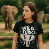 A person with long brown hair wearing a black t-shirt with an illustration of an elephant and the words 