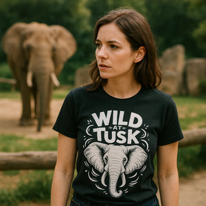 "Wild At Tusk" black elephant t shirt - also a white elephant gift shirt