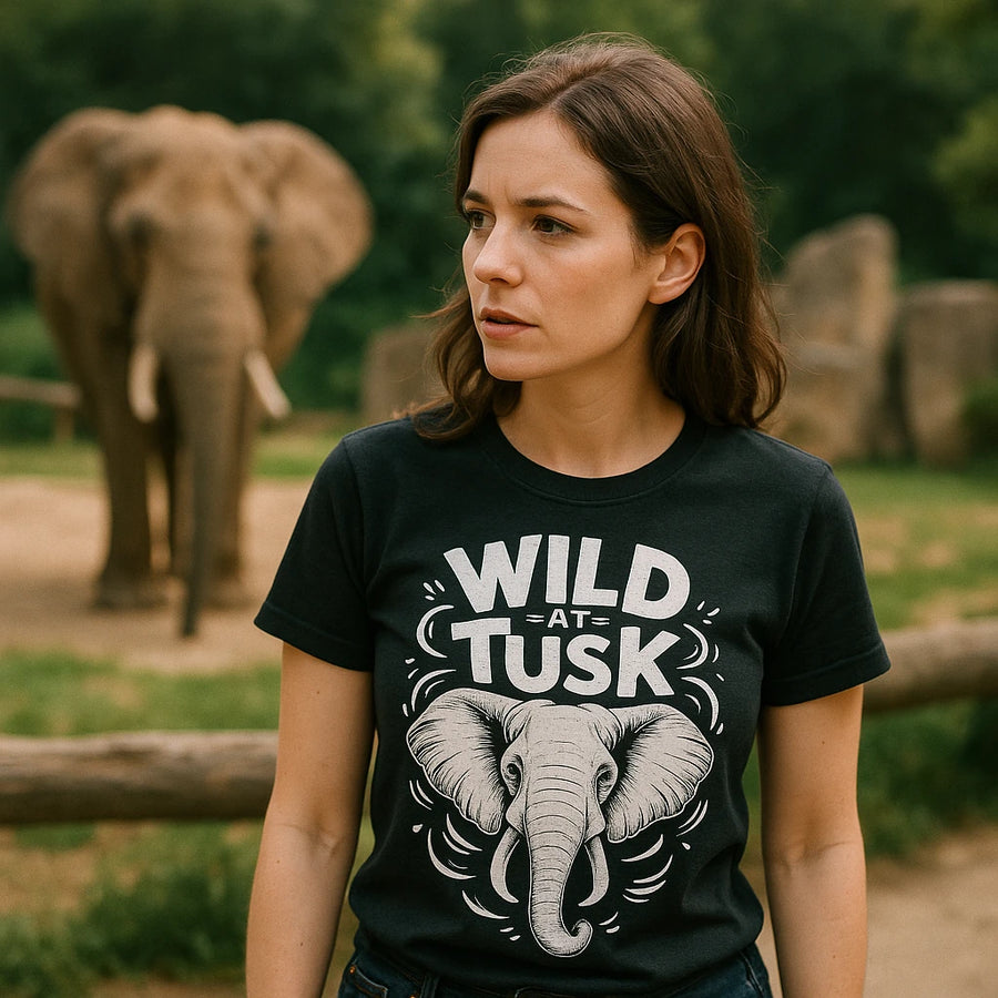 A person with long brown hair wearing a black t-shirt with an illustration of an elephant and the words "WILD AT TUSK." They are standing outside in what appears to be a zoo or wildlife park, with an elephant visible in the background.