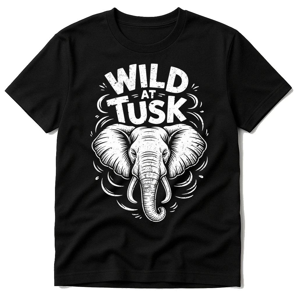 A black T-shirt featuring a graphic of an elephant head with large ears and tusks, surrounded by decorative elements. The text "WILD AT TUSK" is printed above the elephant in bold, white letters.