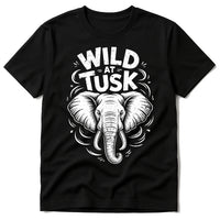 A black T-shirt featuring a graphic of an elephant head with large ears and tusks, surrounded by decorative elements. The text 