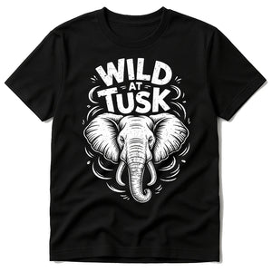 Black Elephant T Shirt - "Wild At Tusk" graphic tee with white print, flat lay product photo