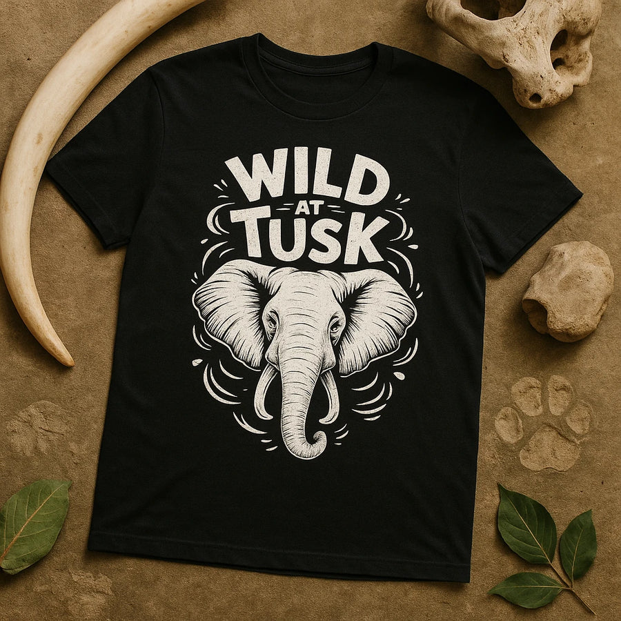A black t-shirt featuring a bold design with the text "WILD AT TUSK" above an illustration of an elephant head. The shirt is placed on a surface surrounded by various natural elements such as tusks, leaves, and rocks.