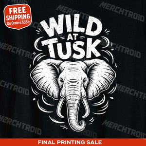 "Wild At Tusk" black elephant t shirt, photographed as presents for elephant lovers