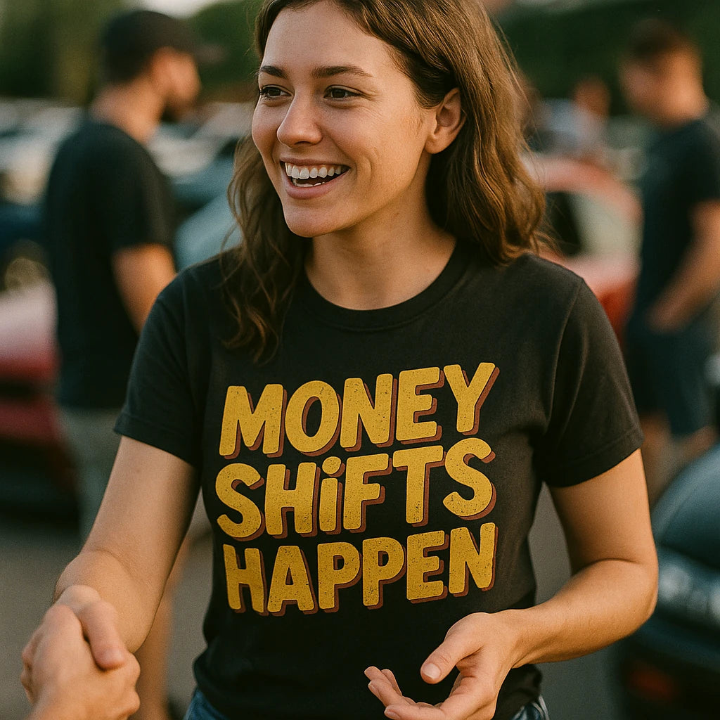 "Money Shifts Happen" black car tee shirts, photographed as best gift for car lovers