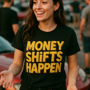 "Money Shifts Happen" black car tee shirts - also one of the cool gifts for car guys