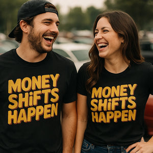 Person wearing the black car tee shirts graphic tee - "Money Shifts Happen" design