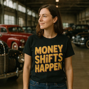 Lifestyle shot of the "Money Shifts Happen" black car tee shirts in a real-world setting