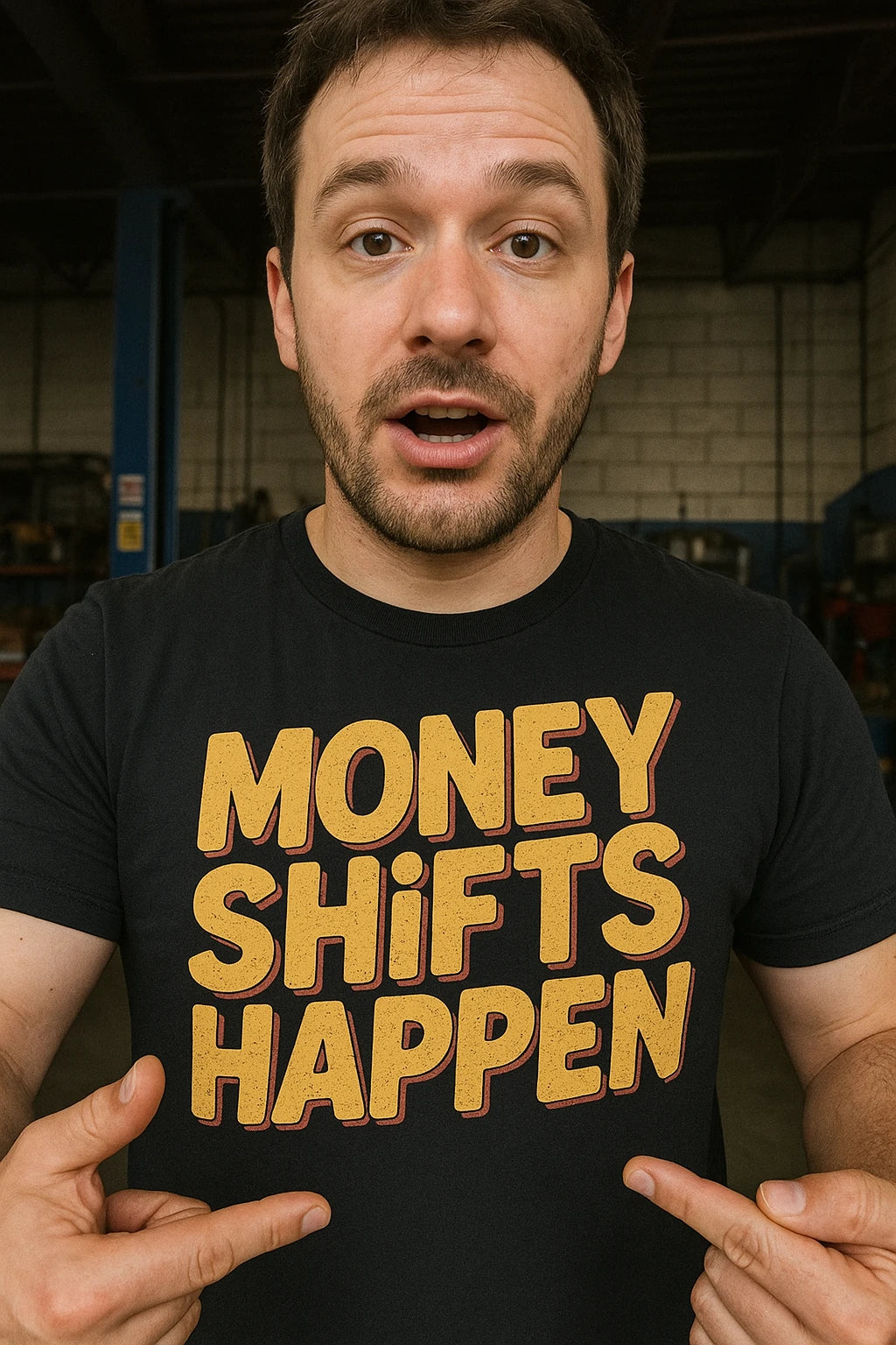 "Money Shifts Happen" black car tee shirts - also one of the gifts for car guys who have everything