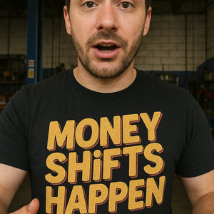 "Money Shifts Happen" black car tee shirts - also one of the gifts for car guys who have everything
