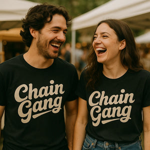 Person wearing the black jewelry making t shirt graphic tee - "Chain Gang" design