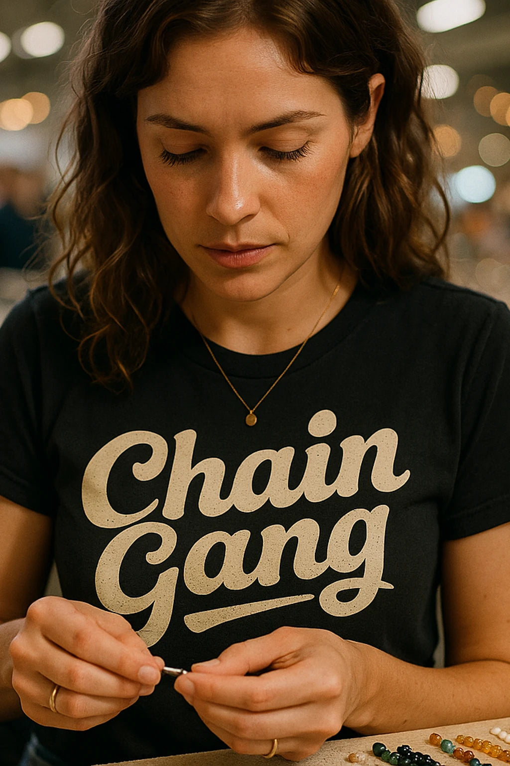"Chain Gang" black jewelry making t shirt, photographed as jewelry making lover gift