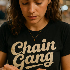 "Chain Gang" black jewelry making t shirt, photographed as jewelry making lover gift