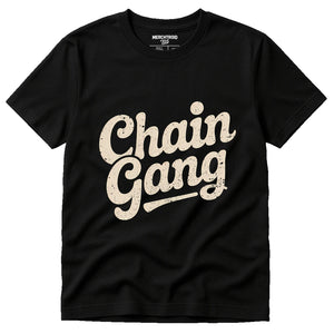 Black Jewelry Making T Shirt - "Chain Gang" graphic tee with cream print, flat lay product photo