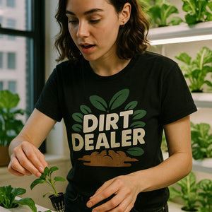 "Dirt Dealer" black gardening t shirt - also one of the best gifts for garden lovers