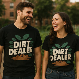 Person wearing the black gardening t shirt graphic tee - "Dirt Dealer" design