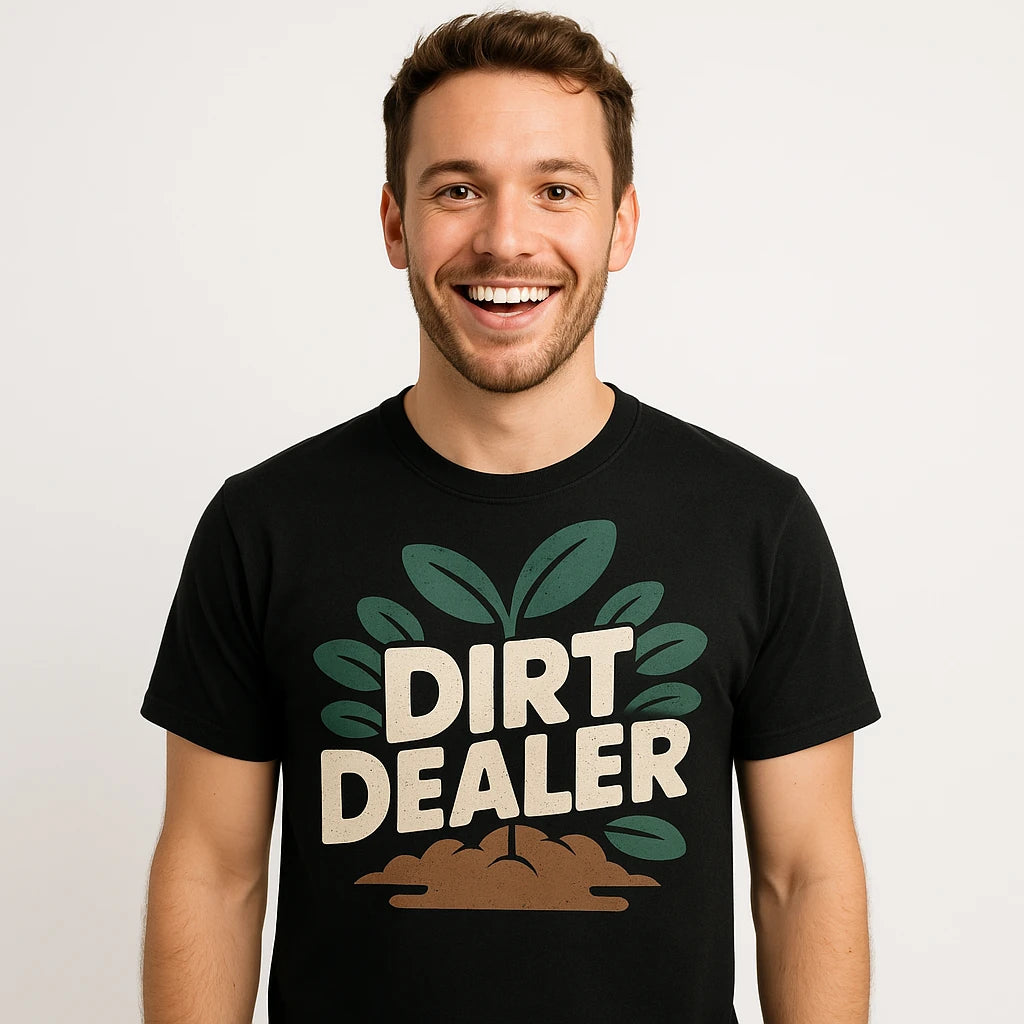 Close-up of the "Dirt Dealer" dark gray print on a premium Bella+Canvas black gardening t shirt