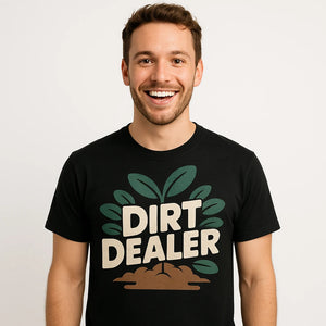 Close-up of the "Dirt Dealer" dark gray print on a premium Bella+Canvas black gardening t shirt