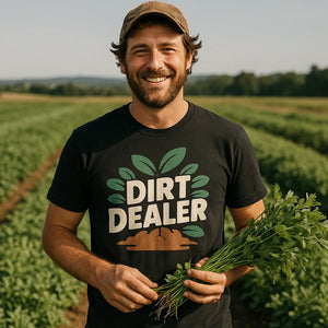 Lifestyle shot of the "Dirt Dealer" black gardening t shirt in a real-world setting