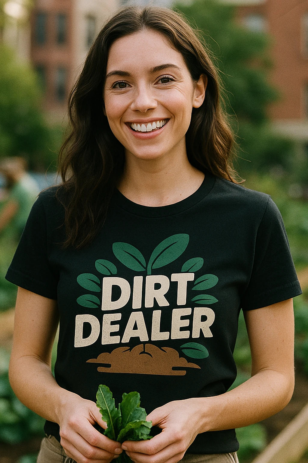 "Dirt Dealer" black gardening t shirt - also one of the gifts for someone who likes to garden