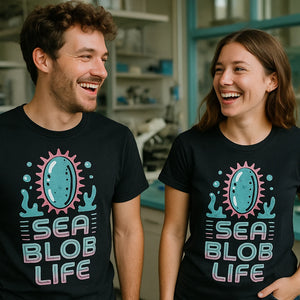 Person wearing the black sea cucumber t shirt graphic tee - "Sea Blob Life" design
