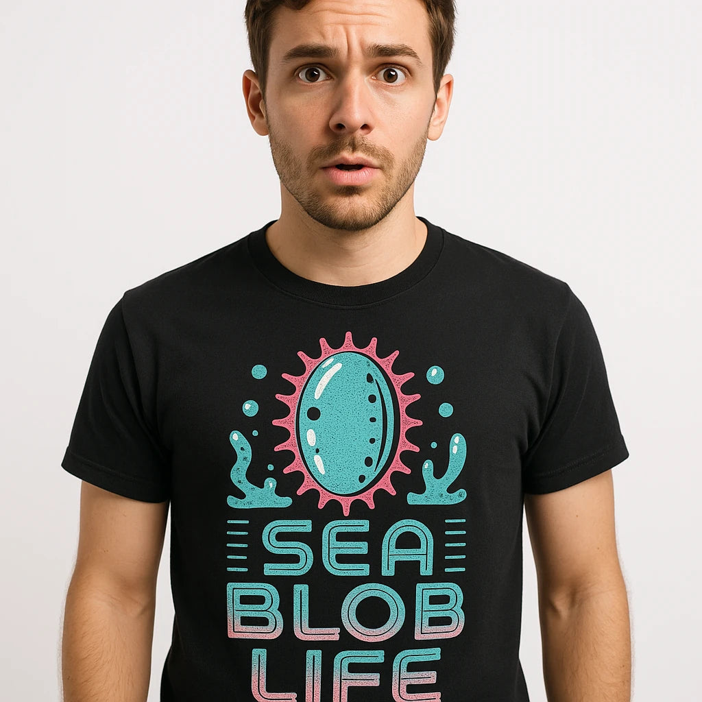 Close-up of the "Sea Blob Life" light gray print on a premium Bella+Canvas black sea cucumber t shirt