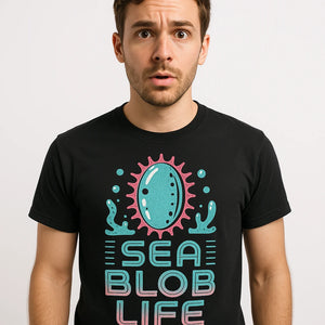 Close-up of the "Sea Blob Life" light gray print on a premium Bella+Canvas black sea cucumber t shirt
