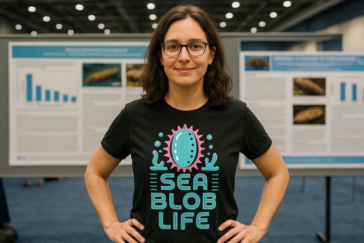 Lifestyle shot of the "Sea Blob Life" black sea cucumber t shirt in a real-world setting