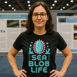 Lifestyle shot of the "Sea Blob Life" black sea cucumber t shirt in a real-world setting