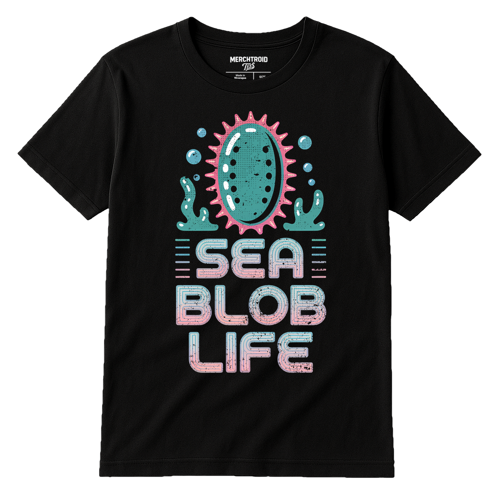 Black Sea Cucumber T Shirt - "Sea Blob Life" graphic tee with light gray print, flat lay product photo