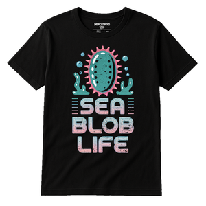 Black Sea Cucumber T Shirt - "Sea Blob Life" graphic tee with light gray print, flat lay product photo