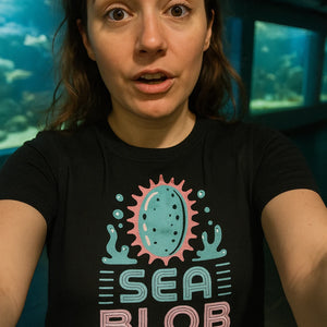 "Sea Blob Life" black sea cucumber t shirt, photographed as sea cucumber lover gift