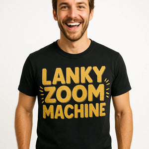 Close-up of the "Lanky Zoom Machine" gold print on a premium Bella+Canvas black cheetahs t shirt