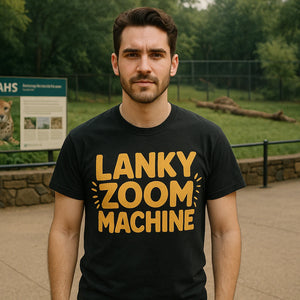 Lifestyle shot of the "Lanky Zoom Machine" black cheetahs t shirt in a real-world setting