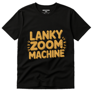 Black Cheetahs T Shirt - "Lanky Zoom Machine" graphic tee with gold print, flat lay product photo