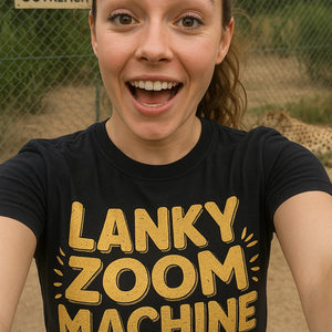 "Lanky Zoom Machine" black cheetahs t shirt, photographed as cheetahs lover gift