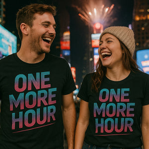 Person wearing the black funny new years eve shirts graphic tee - "One More Hour" design