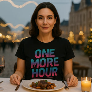 Lifestyle shot of the "One More Hour" black funny new years eve shirts in a real-world setting