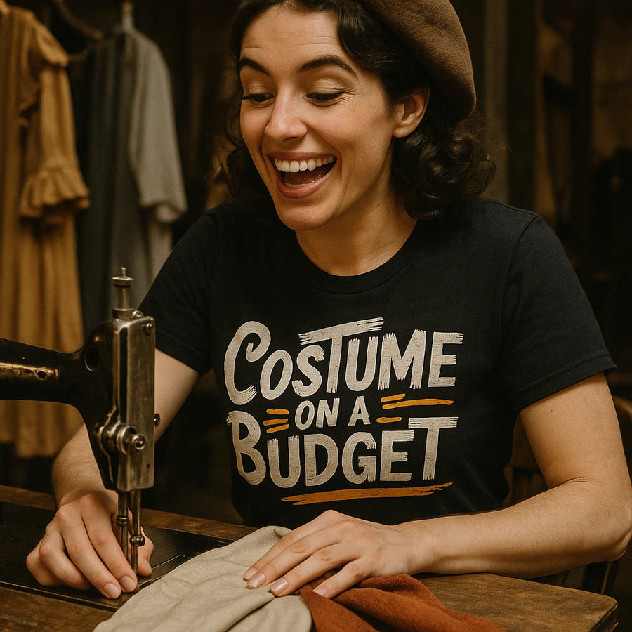 A person is sitting at a sewing machine, smiling broadly. They are wearing a black t-shirt with the text "Costume on a Budget" printed on it. The person is handling fabric and appears to be in a cozy and creative environment, possibly working on a sewing project.