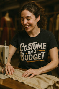 A person with curly hair is smiling while working at a sewing machine. They are wearing a black T-shirt with the text 