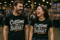 A man and a woman are standing side by side in a lively indoor setting, both laughing heartily. They are wearing matching black t-shirts that read 