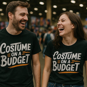 Person wearing the black costume tees graphic tee - "Costume on a Budget" design