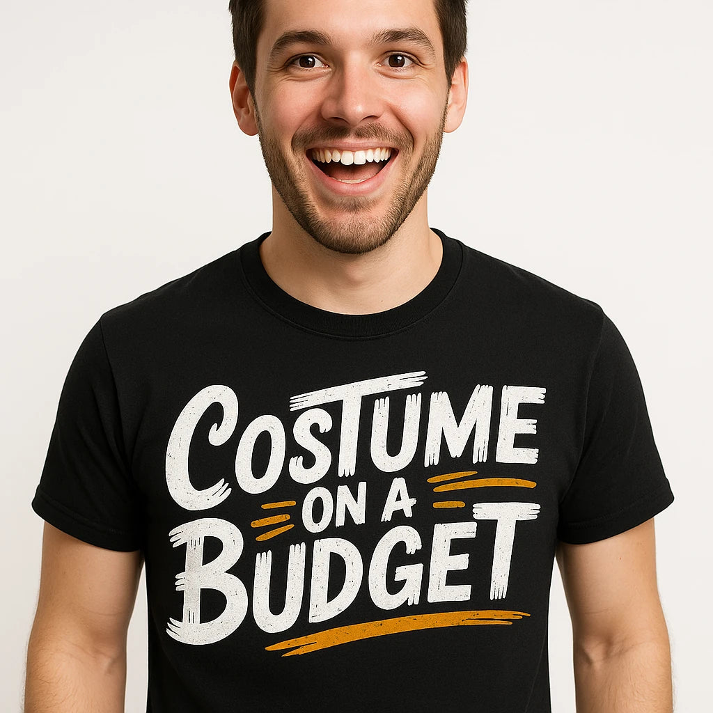 Close-up of the "Costume on a Budget" white print on a premium Bella+Canvas black costume tees