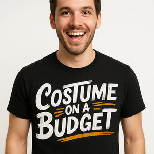 Close-up of the "Costume on a Budget" white print on a premium Bella+Canvas black costume tees