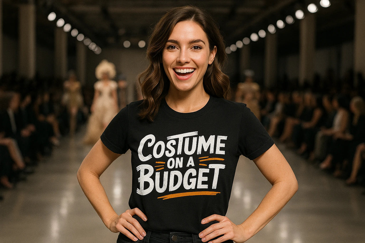 A person with shoulder-length brown hair is smiling widely while standing in a runway setting. They are wearing a black t-shirt with the text "Costume on a Budget." There are blurred figures and an audience in the background.