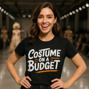 Lifestyle shot of the "Costume on a Budget" black costume tees in a real-world setting