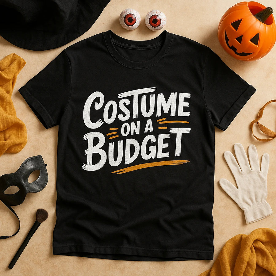 A black T-shirt with bold white text that reads "Costume on a Budget" surrounded by Halloween-themed items. These items include a pair of eyeball props, a plastic pumpkin, a black mask, a witch hat, white gloves, a makeup brush, and an orange scarf.