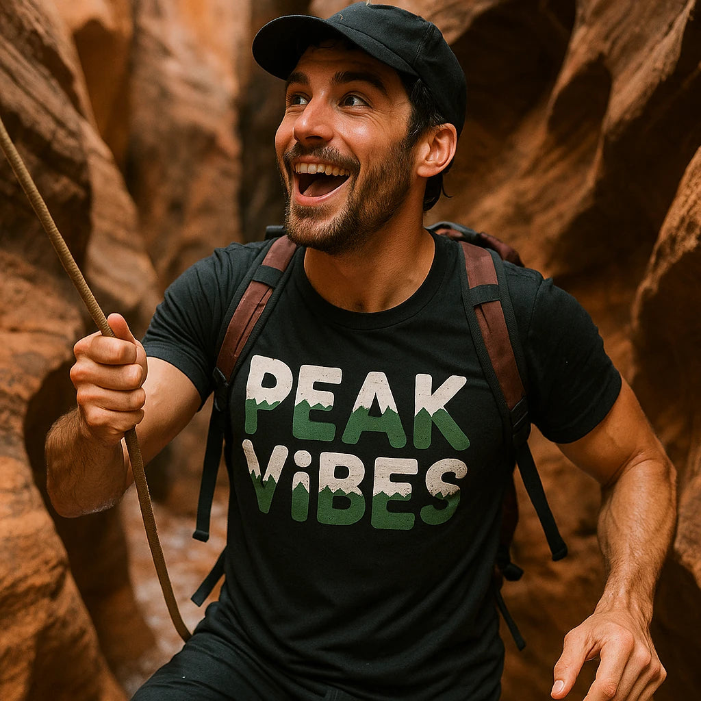 "Peak Vibes" black national park tee shirts - also one of the gifts for someone who loves national parks
